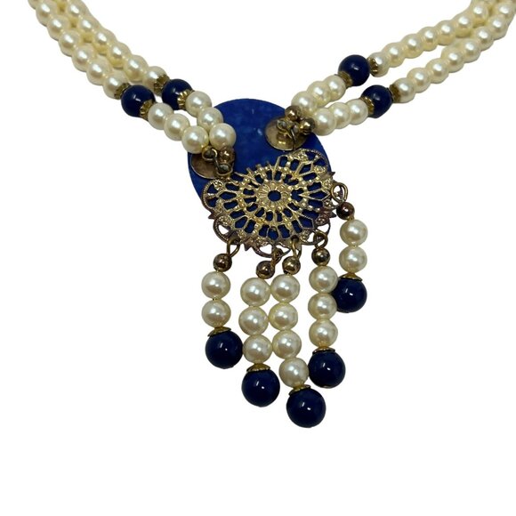 Handmade Statement Necklace Faux Pearl Blue Pendant Gold Tone Accents - Picture 6 of 10